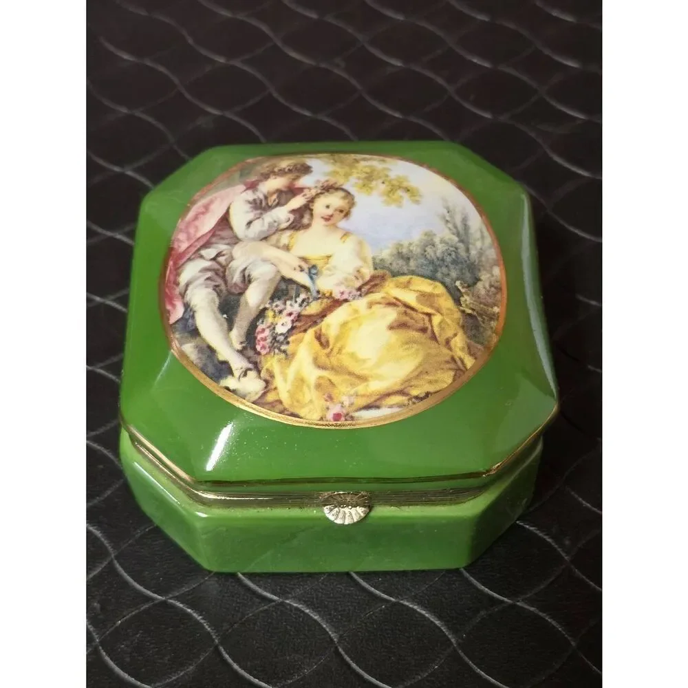 Andrea by Sadek Porcelain Square Box w/ Courting Couple Decoration